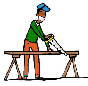 Illustration d'une personne coupant une planche en bois pour optimiser l'espace sous les combles en construisant un espace de rangement